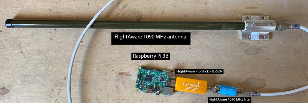 Full ADS-B setup with 1090 MHz antenna, 1090 MHz filter, and Flightaware pro stick