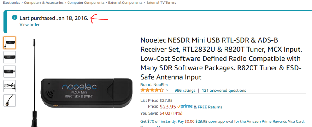 nooelec RTL-SDR purchased from Amazon in 2016