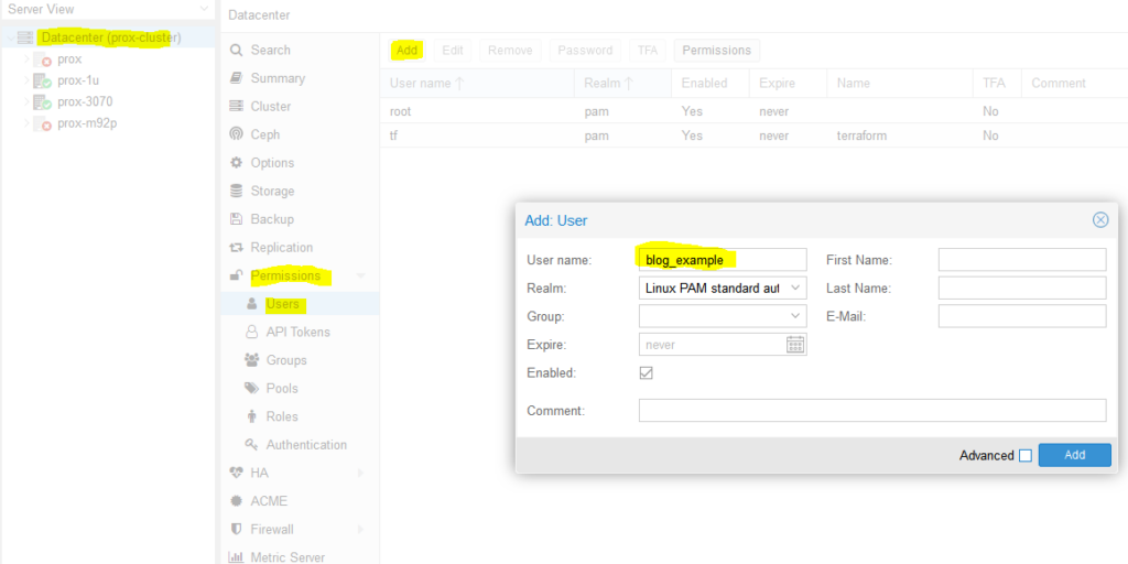 screenshot showing how to add a user in proxmox