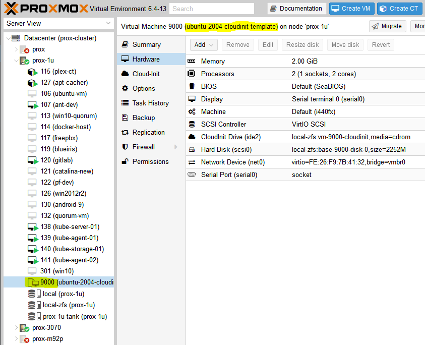screenshot of proxmox ui showing ubuntu 20.04 cloud-init template