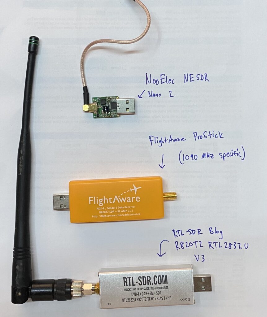 picture showing 3 SDR devices - NooElec NESDR Nano 2, FlightAware ProStick, RTL-SDR Blog R820T2 RTL2832U V#