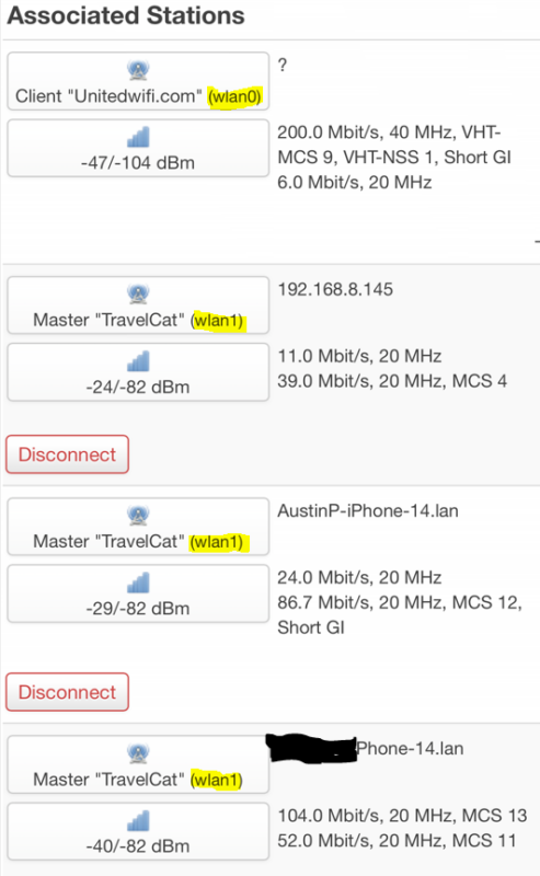 Screenshot showing the GL.iNet device connected to "Unitedwifi.com" BSSID on radio0 (wlan0) and my iPhone, my wife's iPhone, and our daughter's iPad connected to TravelCat SSID on radio1/wlan1.