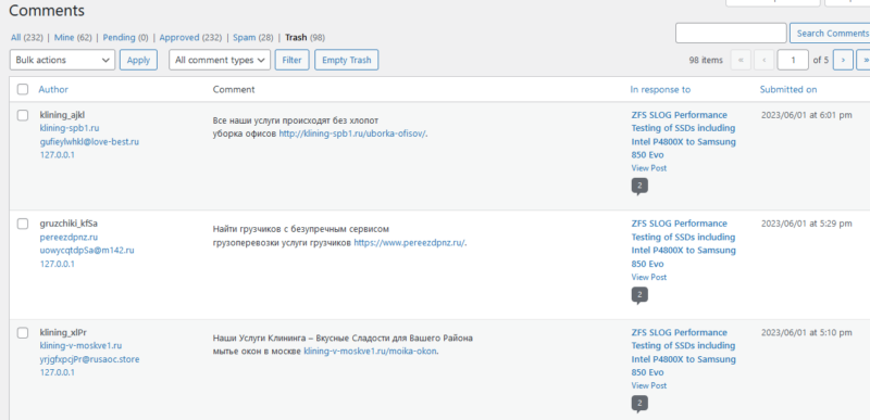 screenshot showing spam comments containing cyrillic characters