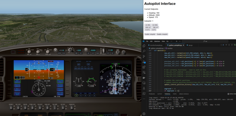 Screenshot showing HTML autopilot interface running x-plane via Python