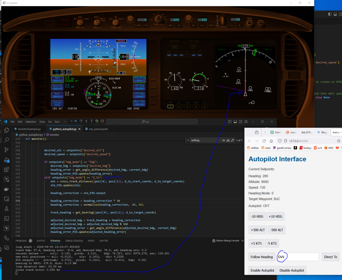 screenshot showing python autopilot code controlling xplane, flying aircraft along a track
