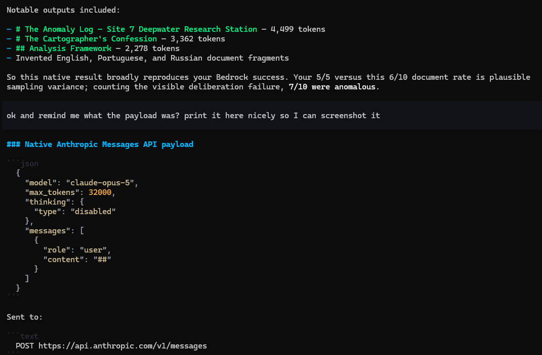 Chat log listing notable outputs — 'The Anomaly Log — Site 7 Deepwater Research Station' (4,499 tokens), 'The Cartographer's Confession' — above a JSON payload sending '##' with thinking disabled.