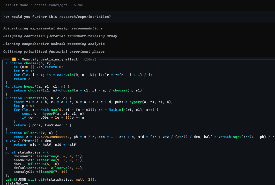 Chat with openai-codex/gpt-5.6-sol: asked how to further the research, it writes JavaScript functions chooseN, hyperP, fisherTwo, and wilson95 to recompute the study's statistics itself.